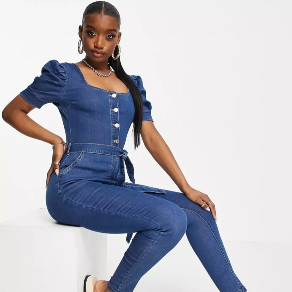 Asos denim stretch jumpsuit w/puff sleeves NWT!!